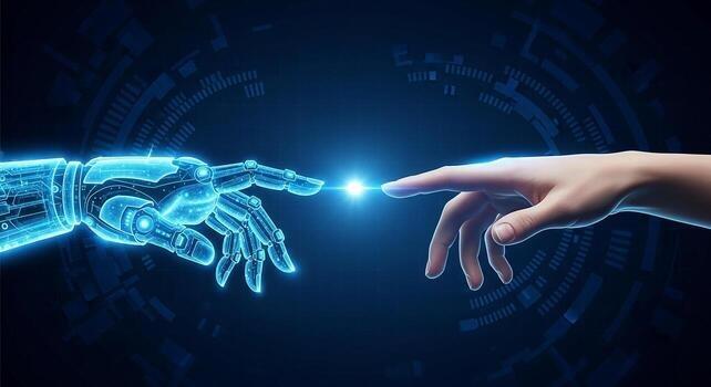 Human and robot hand shaking, symbolising partnership